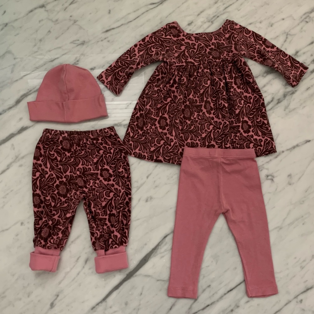 Peek Girls Pink and Brown Damask Bundle, Size 3-6 months Dress, 2 Pants & Hat - Picture 2 of 11